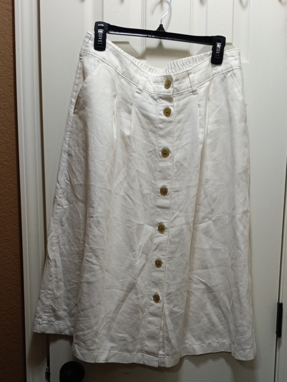 Lands' End White Button-Front A-Line Skirt 100% Linen